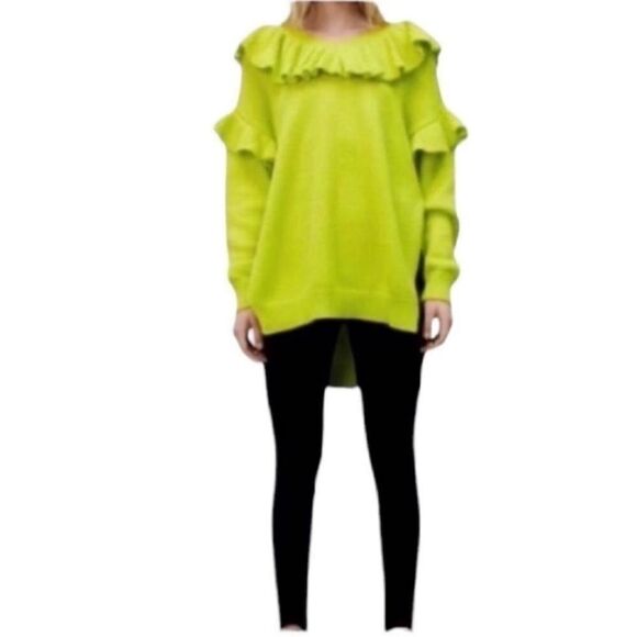 Zara Green Ruffled Long-sleeve Oversized Tunic Sweater(Size M-L) - Picture 6 of 8